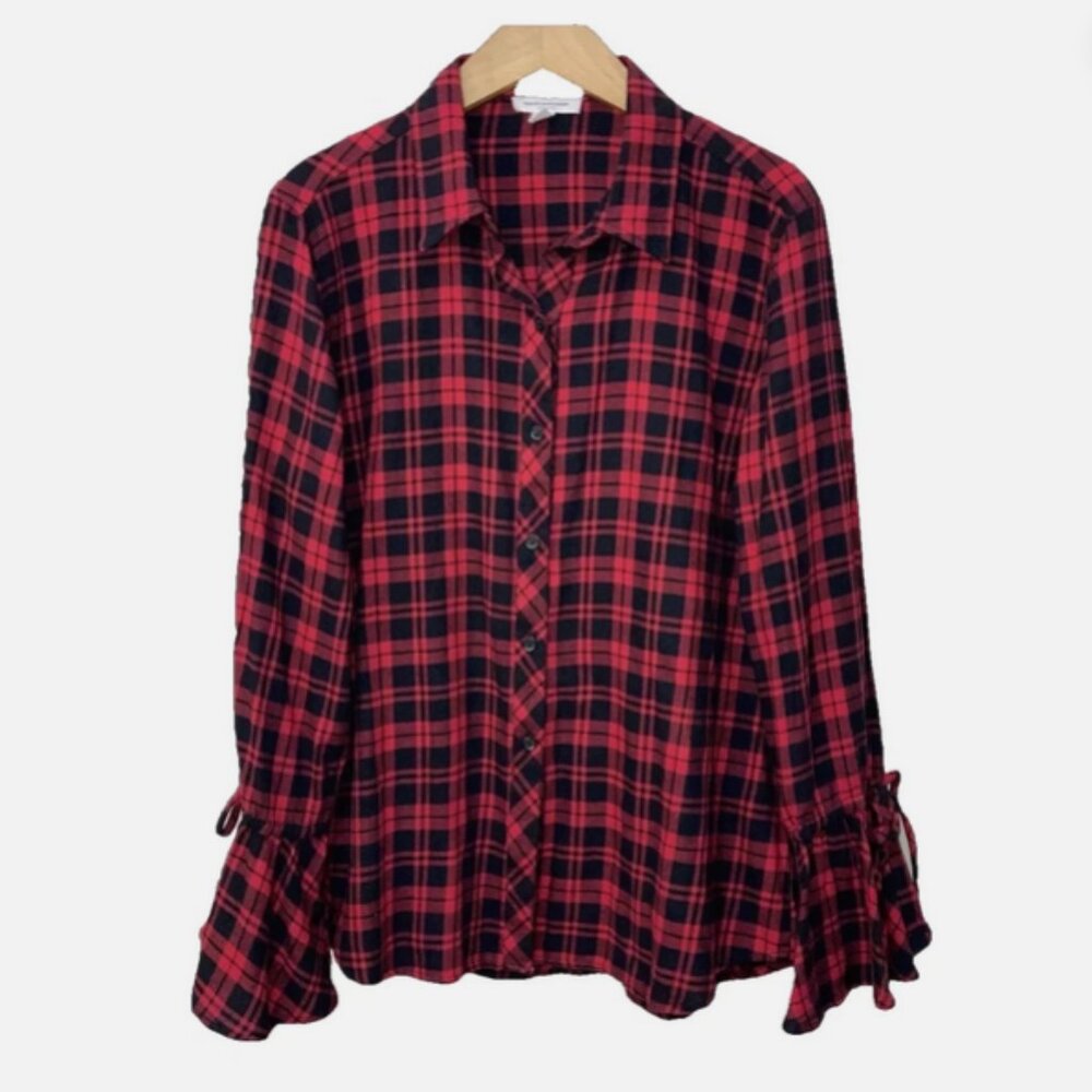 Women's Large Flannel Shirt black & Red Beach Plaid Lunch Lounge
